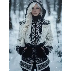 Women's Gothic Viking Style Hooded Cardigan - 3D Nordic Knot Pattern Sweater Coat, Long Sleeve Winter Warmth, Button Front Closure