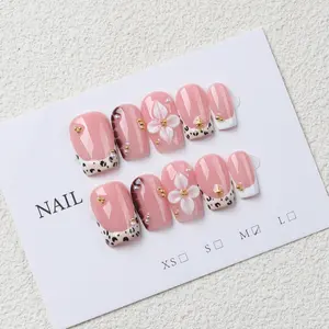 10 Handmade Square French Full Cover Leopard Print False Nails, Steel Beads and Floral Accents, Fashionable and Elegant, Perfect for Parties