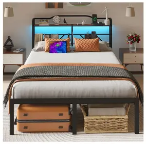 Queen Size Bed Frame with LED Storage Headboard & Charging Station, Metal Platform Bed, Black