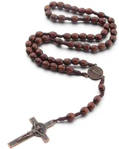 Wooden  Beads Catholic Rosary Crucifix Cross Pendant Necklace Bethlehem Christian Prayer Holy Jerusalem Holyland Y Necklace for Women Men Unisex