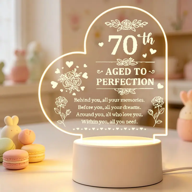70th Birthday Gift for Men Women, Heart Acrylic LED Night Light, Aged To Perfection 70 Year Old Birthday Present, Unique Desk Lamp Gift for Parents Grandparents, Birthday Party Decorations