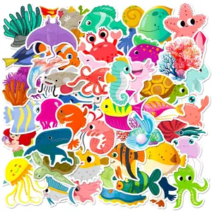 50pcs/Set Cartoon Marine Organism Series Pattern Sticker, Waterproof Self Adhesive Decor Paper, Decor Sticker for Gift Greeting Card Water Bottle Laptop Phone, Animal