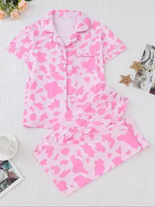 Women's Sleepwear Set, Cow Pattern Printed, Elegant Casual, Comfortable Lapel Short Sleeve Top & Wide Leg Pants, Holiday Party Wear Pajamas