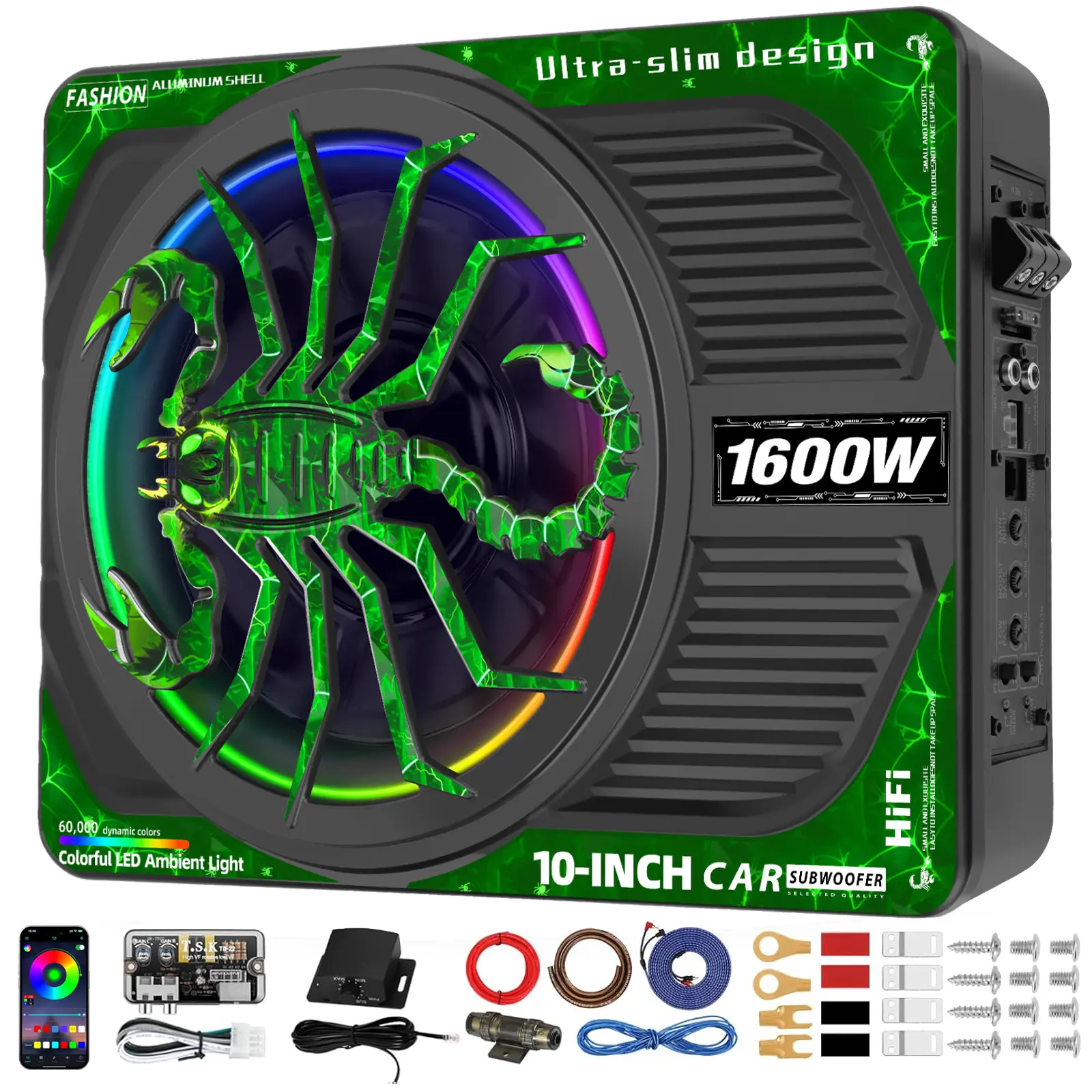 TANVSO 1600W Slim Powered Under-Seat Subwoofer with Class D Amplifier Package, RGB Beat-Synced Light, Deep Subsonic Bass, Car Audio Accessories for Truck/SUV Stereo Upgrade low profile underseat