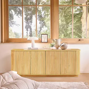 64" Accent Storage Cabinet Sideboard Buffet, Wooden Fluted Simple Dresser with Storage for Living Room – Adjustable Shelves Pressed Spring, Kitchen & Living Room Table (Natural Oak) Modern Minimalist Dresser,farmhouse console table,dining  cabinet