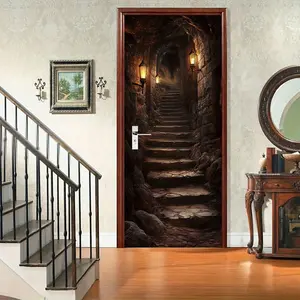 Historical Ruins Style Door Sticker, Ancient Stone Wall Mural with Stair Path and Dark Cave Tunnel, Self-Adhesive Wallpaper Home Decor, Door Decorations