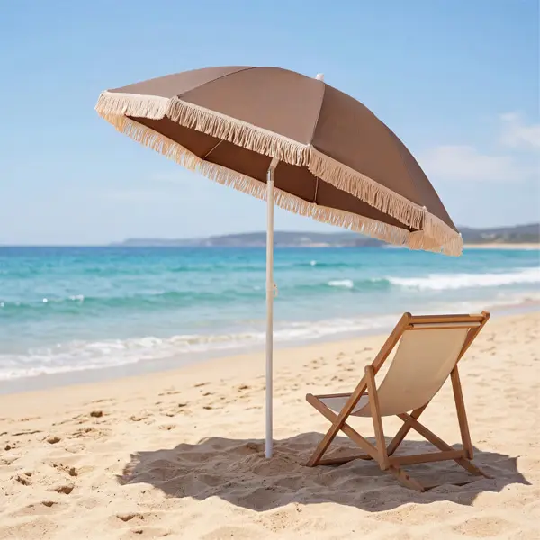 7ft Boho Fringe Beach Umbrella, Portable Tilt Patio Umbrella with Tassels, Sun Protection Outdoor Umbrella with Sand Anchor & Carrying Bag for Beach, Patio & Pool summervibes