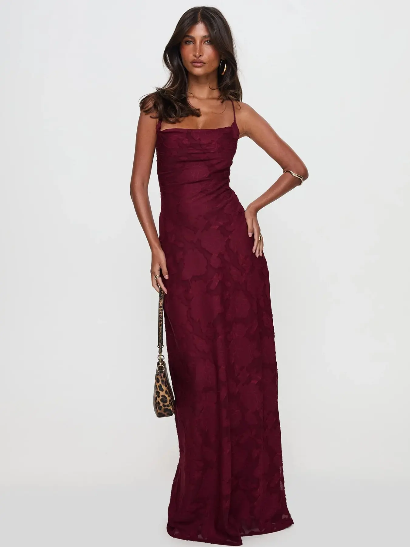 Elegant Wine Backless Spaghetti Strap Maxi Dress Women, Floral Jacquard Fabric, Cross-Back Tie, Ruched Waist, Evening, Party, Chic, Formal Wear & Vacation Wear, Spaghetti Strap Dresses