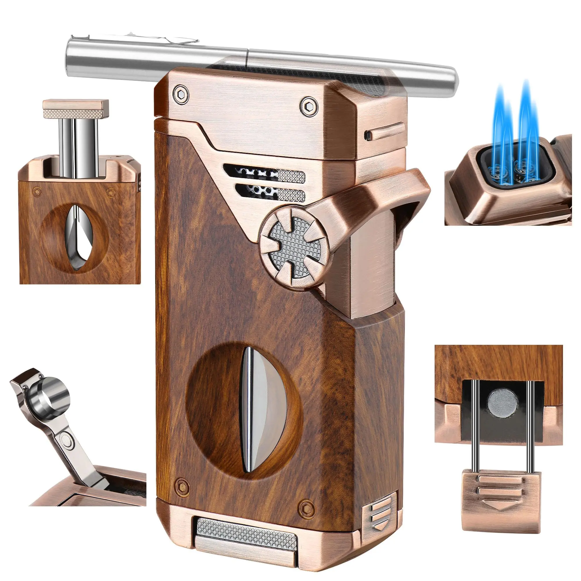 5-in-1 Torch Lighter with V Cutter Holder Punch and Draw Enhancer Tool,Four Windproof Jet Flame Multi-Functional Lighter,Refillable Butane Lighter with Gift Box for Men Mahogany,Without Butane