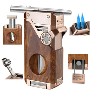 5-in-1 Torch Lighter with V Cutter Holder Punch and Draw Enhancer Tool,Four Windproof Jet Flame Multi-Functional Lighter,Refillable Butane Lighter with Gift Box for Men Mahogany,Without Butane