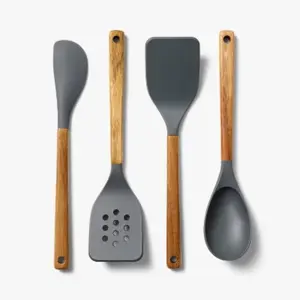 4pc Wood/Nylon Kitchen Utensil Set Gray  Cooking Tools, Acacia & Silicone, Hand Wash