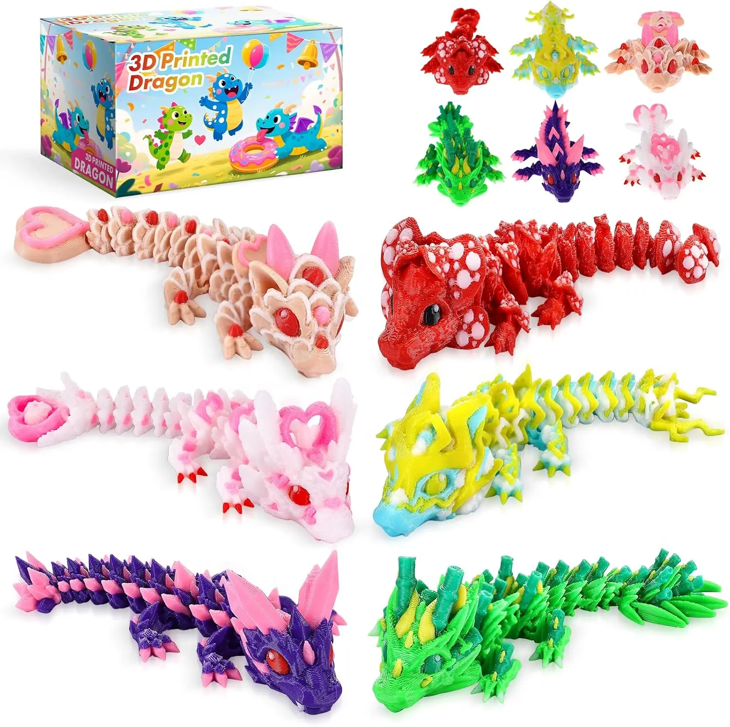 3pcs 12in 3D Printed Crystal Dragon,3D Printed Articulated Dragon,Home Office Decor Desk Toys, Fidget Toys for Autism/ADHD (6 Pcs B)