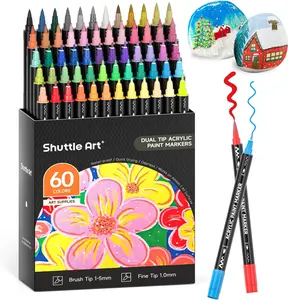 Shuttle Art 28/36/48/60 Colors Dual Tip Acrylic Paint Markers, Brush/dot tip and Fine Tip for Rock Painting, Ceramic, Wood, Canvas, Plastic, Glass, Stone, Calligraphy, Card Making, DIY Crafts,markers for coloring,dual tip marker set,student