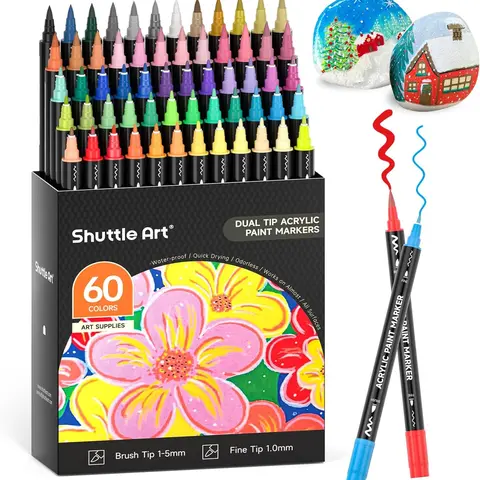 Shuttle Art 48/60 Colors Dual-Tip Acrylic Paint Markers - Brush & Fine Fiber Tips, Crafting Supplies with 15 Metallic Hues, Markers for Coloring for Kids/Adults, Multi-Surface Aesthetic Drawing & Painting Supplies