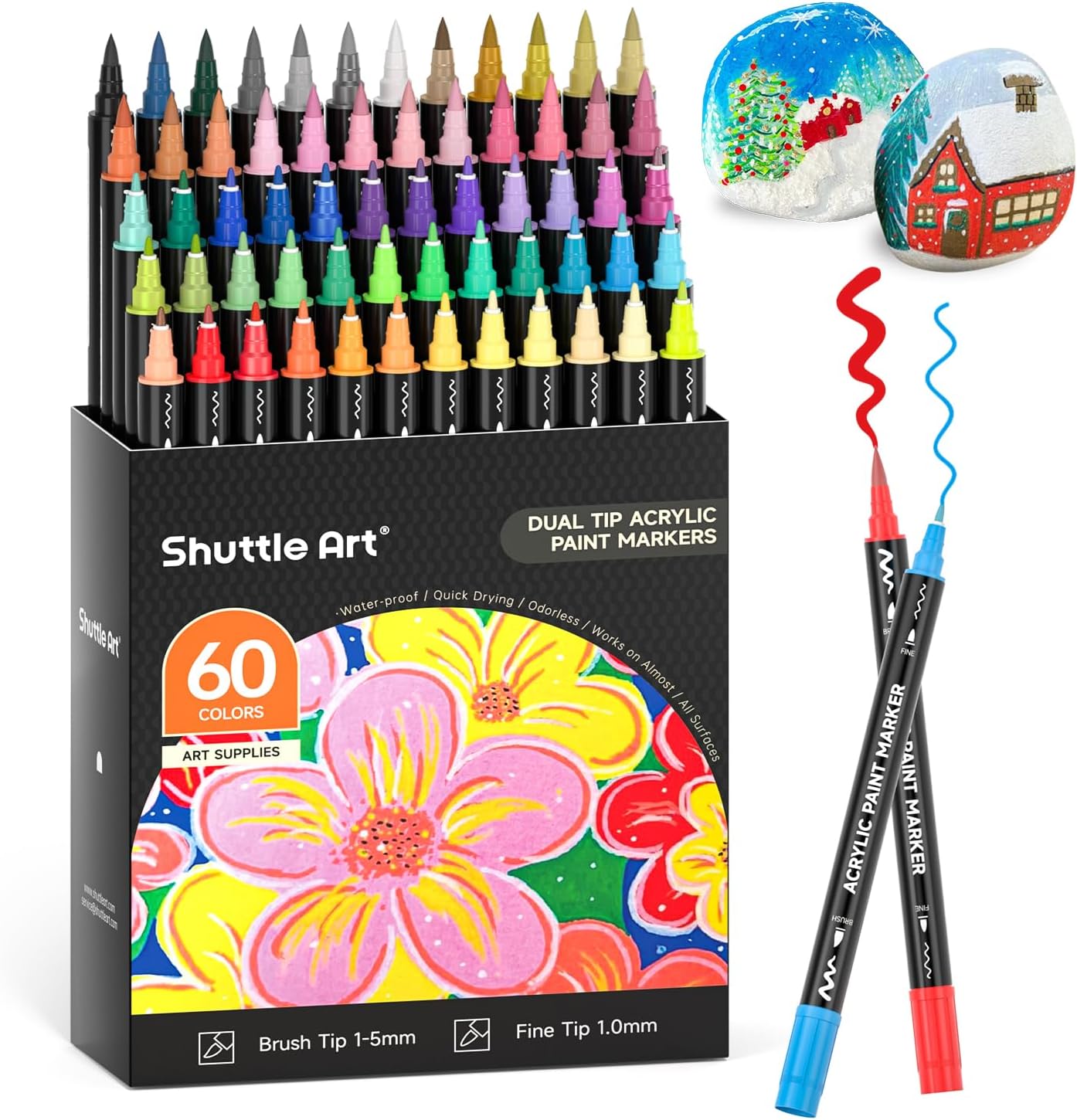 Shuttle Art 48/60 Colors Dual Tip Acrylic Paint Markers, Brush/dot tip and Fine Tip for Rock Painting, Ceramic, Wood, Ca