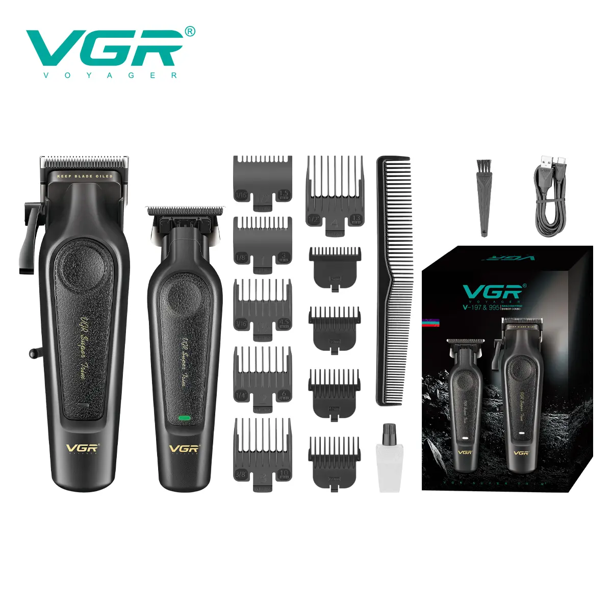 VGR 197 & 995 Men's Professional Cordless Hair Clippers and Trimmers Set, 0-Gapped Barber Trimmer, Rechargeable Hair Cutting Kit with 10 Limit Combs, Smooth Ceramic Blade, Steel Salon Barber Equipment for Daily Use Stainless