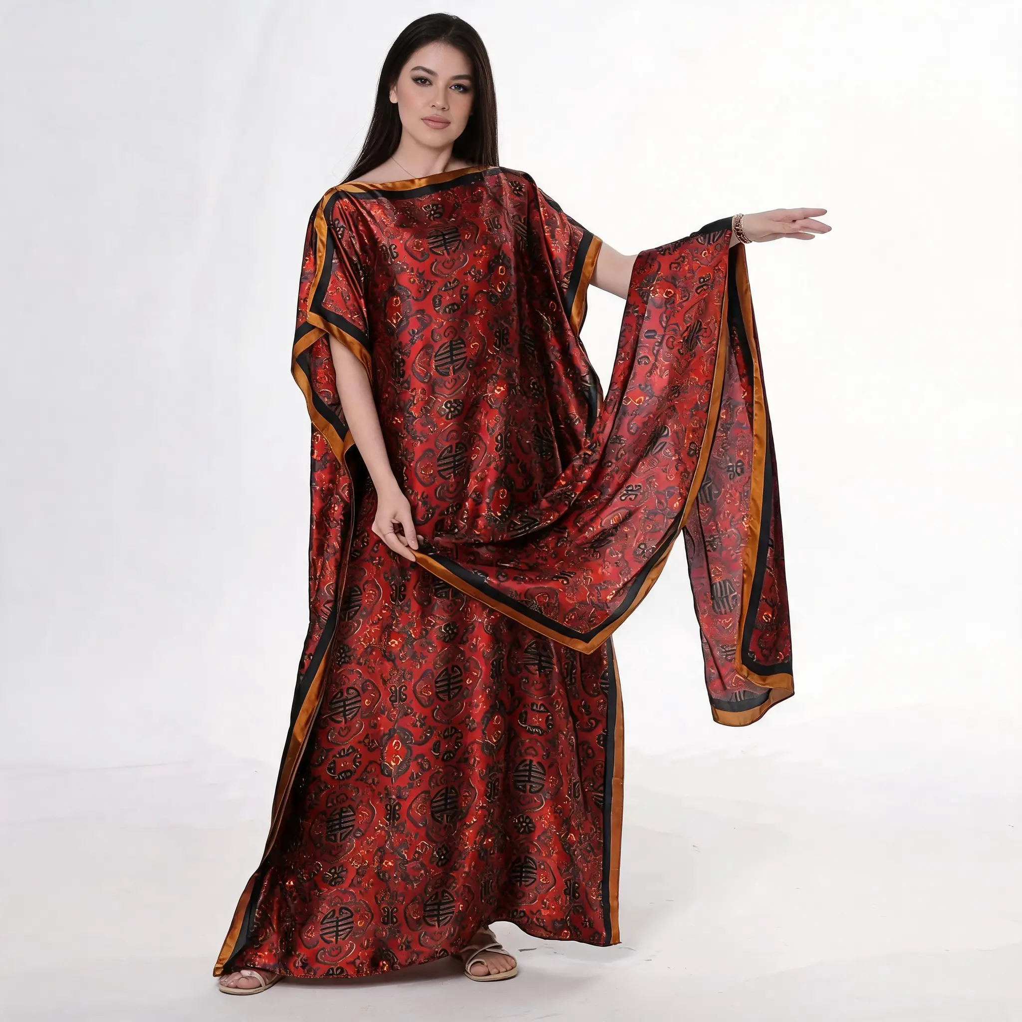【Indian Ruby Collection】Women's Plus Size Satin 2-Piece Set, Pleated Crinkle Kaftan Maxi Dress with Headscarf, Rhinestone Embellished Indian Abaya for Formal Evening Party, Satin Two-Piece Casual Dresses