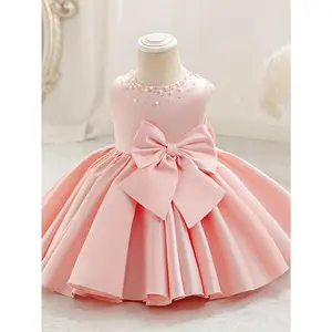 GULULU Girls Elegant Sleeveless Bowknot Decor Beaded Dress for Birthday Party As Gifts Polyester Viscose Midi Flared Summer Dress for Children