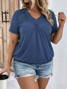 Plus Size Women's V Neck Short Sleeve Plain Casual Loose Fit Basic T-Shirt, Comfortable Summer Top, Stylish Daily Wear