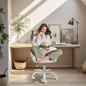 Vanity Chair with Cat Paw Back, Teddy Furry Cute Desk Chair with Wheels & Adjustable Height, 360° Rotating Armless Computer Chair for Bedroom Office Kids Room