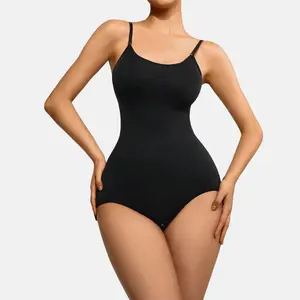 Women's Seamless Sexy Ribbed Bodysuit With Adjustable Spaghetti Straps & Sculpting Thong
