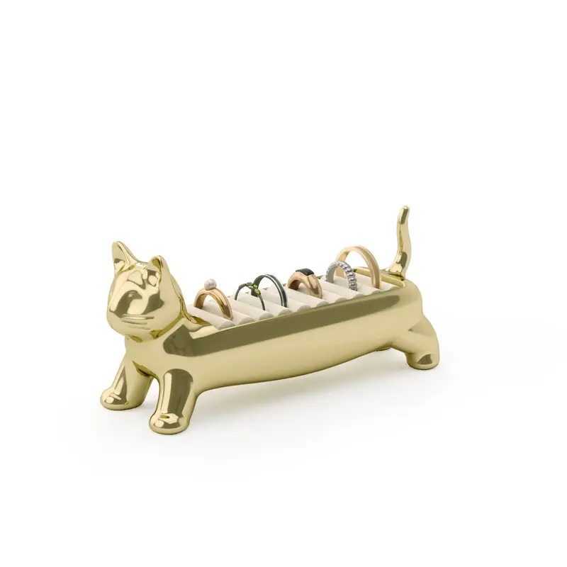 Umbra Ali Cat Ring Holder Velvet-Lined Storage Chrome Brass Finish Holds 10 Rings Metal Boxes Jewelry Organizer