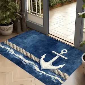 1pc of a Welcome Mat Featuring a Nautical Anchor Design with Navy Blue And White Rope Accents. ItS Durable, Washable, Made of Polyester, Has a Rubber Backing, And Is Perfect for Various Rooms in The House
