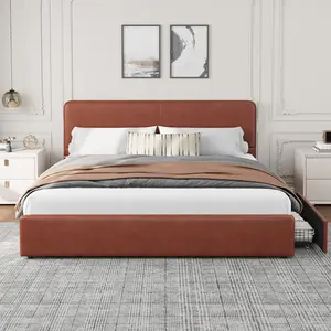 Queen Size Modern Upholstered Platform Bed Frame with Headboard and Storage Drawers – PU Brown Leather,Sturdy Wood Slat Support,Noise-Free,No Box Spring Needed,Easy Assembly