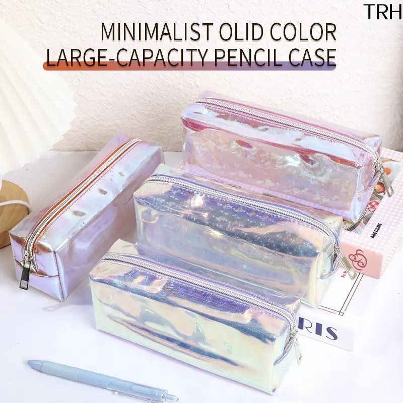 Holographic Pencil Case for Teen Girls, Kawaii Transparent Stationery Pouch with Large Capacity, Back to School Organizer & Dual Use Cosmetic Bag, Korean, Lightweight