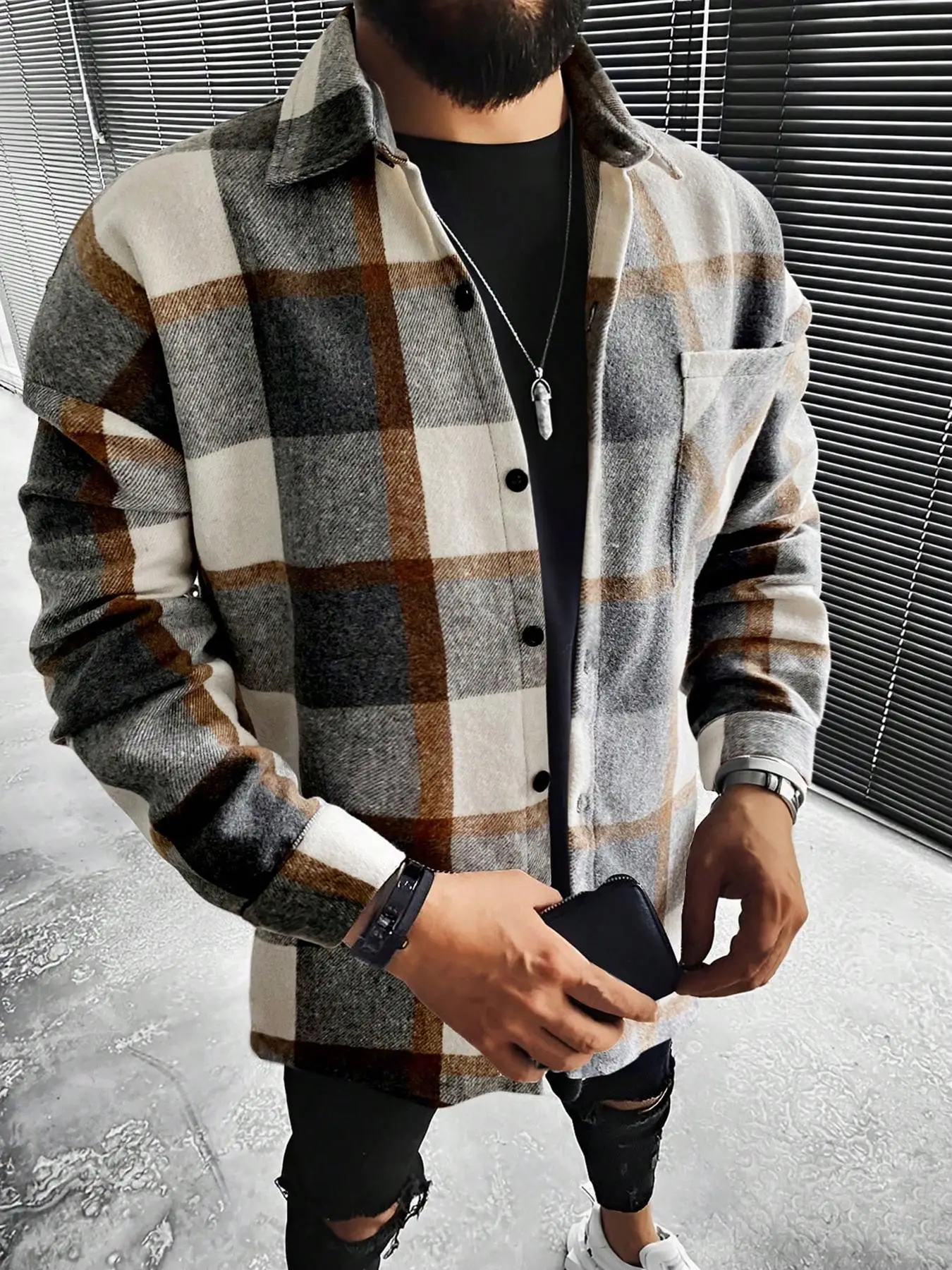 Men's Plaid Print Long Sleeve Tartan Jacket, Regular Fit Casual Button Front Coat, Men Outerwear, Please Purchase A Size Up
