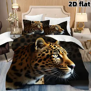 2D Flat 3Pcs Bedding Set Leopard Print Bedding Realistic Wildlife Animal Pattern Duvet Cover Queen King Size Soft Microfiber Bedding (1 Duvet Cover+2 Pillowcases, No Comforter) Wild Nature Theme Bedroom Home Decoration Gift