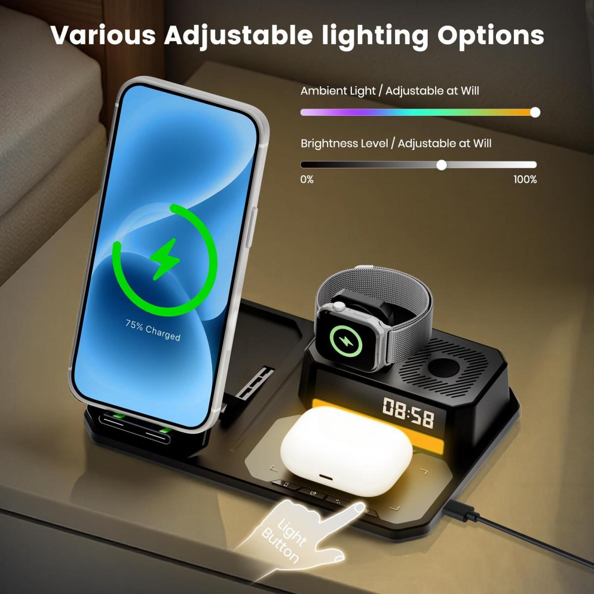 JPTREK 6-in-1 Wireless Charging Station with Speaker & RGB Light – Clean Desk Setup Must-Have