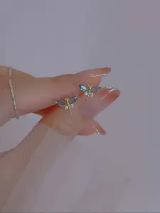 Cute Insect Design Mini Stud Earrings, Chic Cubic Zirconia Dragonfly Earrings, Summer New Style, Suitable for Women's Daily Wear