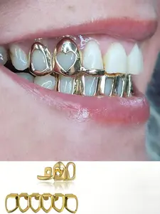 2Pcs Women's Teeth Grillz, Hollow Heart Design Top & Bottom Tooth Caps, Teeth Cover Girls, 14k Gold Plated Copper Material, Hip Hop Fashion Jewelry