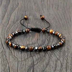 Natural Black Obsidian Tiger Eye Hematite 4mm Beads Healing Spiritual Triple Protection Bracelet for Women Men- Handmade Faceted Beads Adjustable Bracelet, Adjustable Band