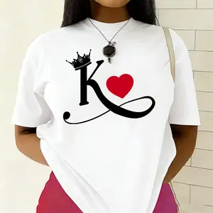 Women's Personalized Monogram K Cotton Printed Round Neck T-Shirt - Crown & Heart Initial Graphic, Casual Fabric Top