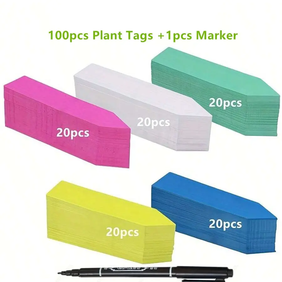 100pcs Plant Labels With 1pcs Marking Pen, 4 Inch Plastic Plant Name Tags, Waterproof Garden Nursery Labels, Plastic Pot Labels For Flowers, Herb, Potted Plants And Vegetables(5 Colors), Garden Accessories, Garden Pots
