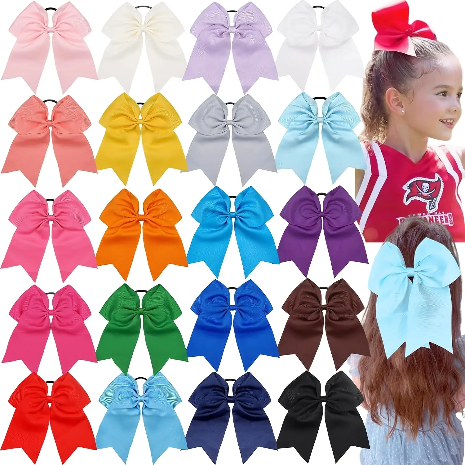 20Pcs Large Cheer Bows for Girls 8 Inch Cheerleading Hair Bows with Ponytail Holders Grosgrain Ribbon Cheer Bows for Cheerleaders Girls Teens School Sports Hair Accessories Birthday Halloween Party And Everyday Use
