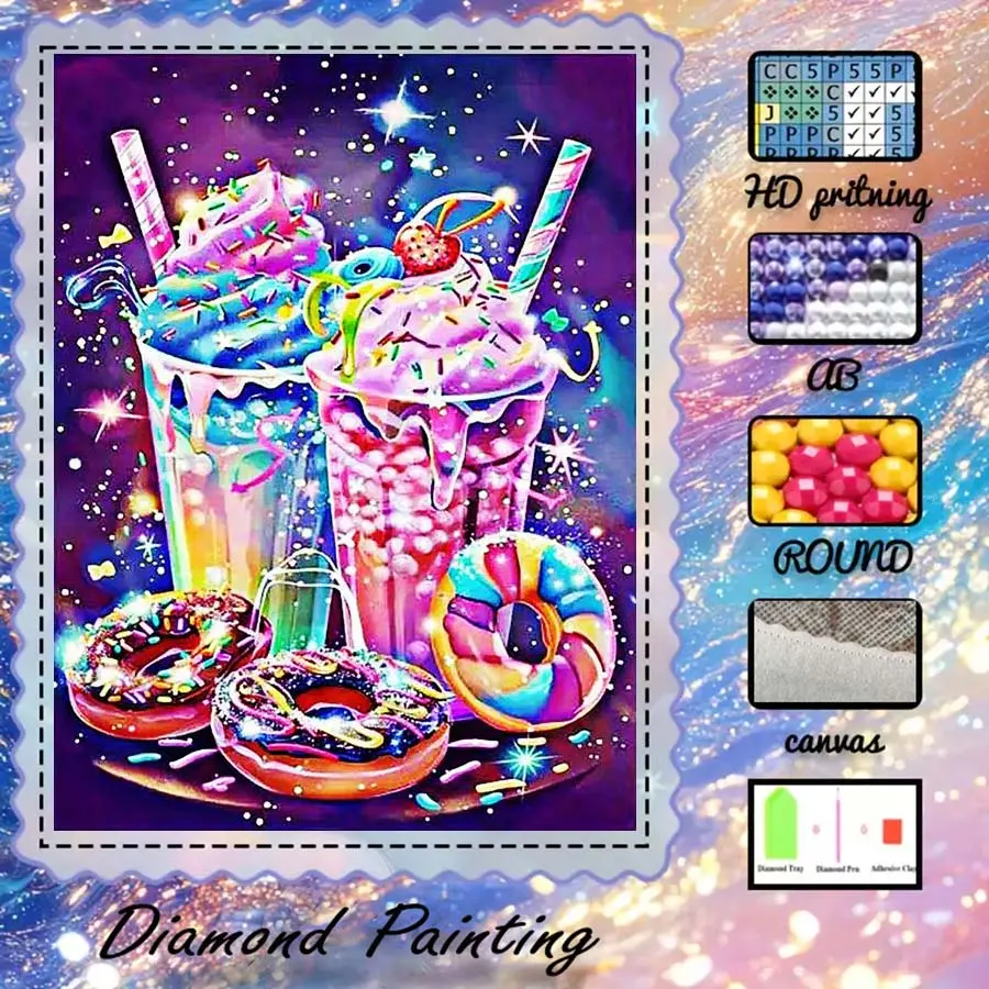 DIY 5D velvet fabric diamond painting kit, Handicraft, AB diamonds, fairy dust diamonds, crystal diamonds, ice cream, drinks, donut diamond embroidery, special craft diamond art kit, wall decoration, gift for family, loved ones, and friends, DIY Kits