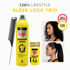 EBIN Wonder Ponytail Bond Mega Hold Duo – Freeze Finishing Spray + Freeze Wax Stick + FREE Styling Brush | Strong Hold, Sleek Finish, Fine Hair, Long-Lasting Control