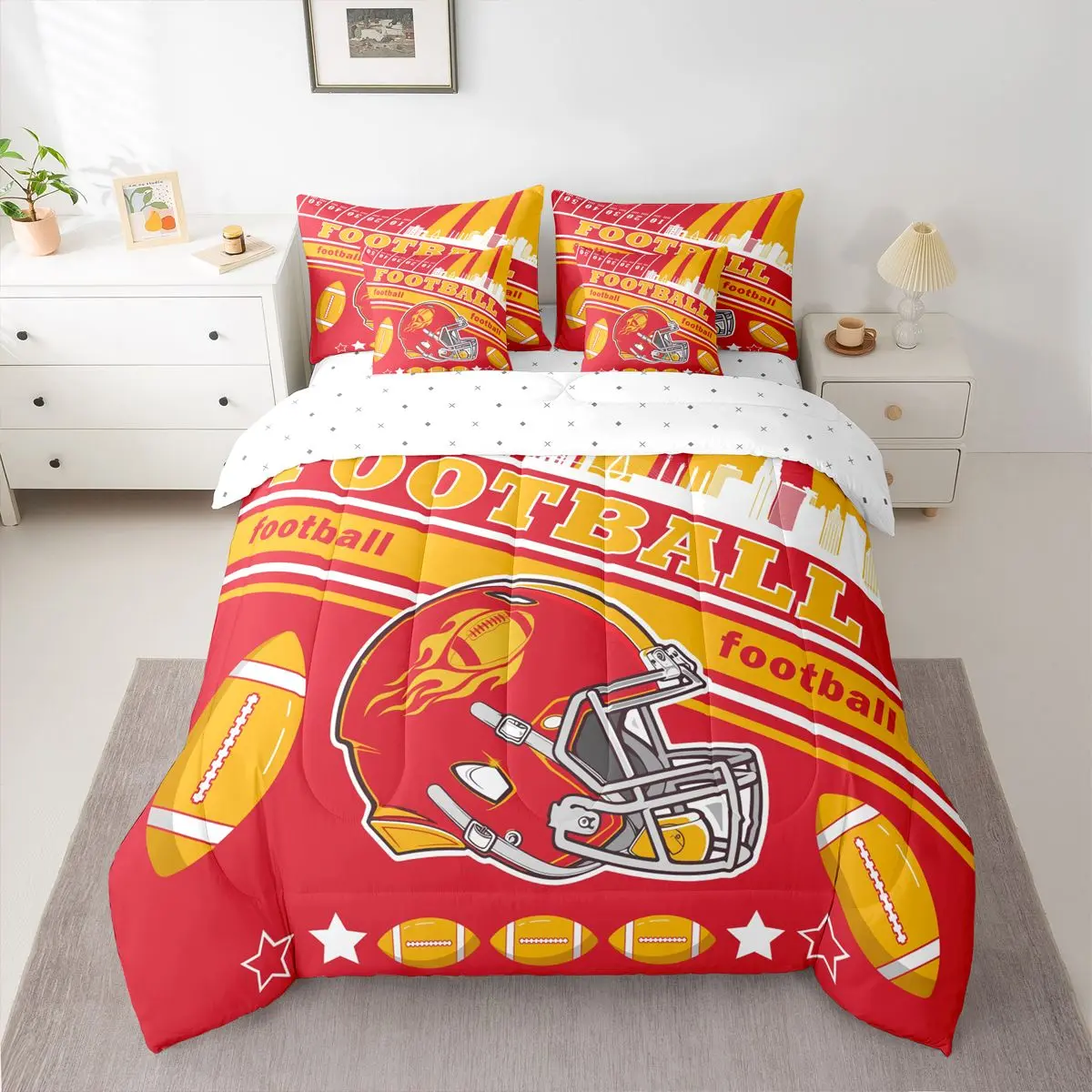 Feelyou 7-Piece Sports Inspired Kansas Football Fan Bedding Set - High Tenacity Airy Comforter, Bedsheet Sets, Pillowcases, Cushion Cover, Soft Blanket, Multi-Size, Ideal Gift for Football Enthusiasts