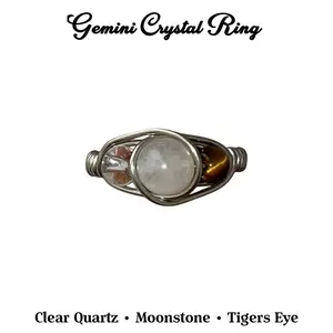 Gemini Zodiac Crystal Ring Tiger’s Eye Moonstone Clear Quartz Birthstone Jewelry for Communication Clarity and Emotional Balance