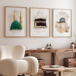 3-Piece Watercolor Islamic Architecture Wall Art, Decorative Prints of Mecca, Al-Aqsa, and Medina Mosques for Living Room & Bedroom Decor