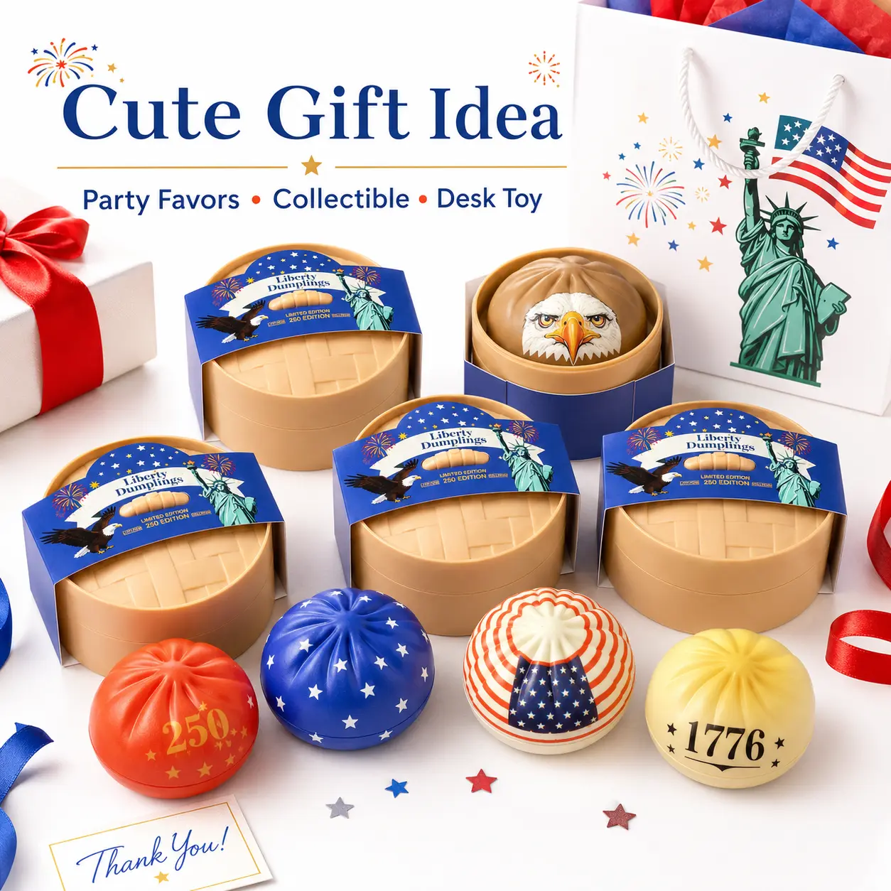 [US Stock]1Pc Patriotic Dumpling Stress Relief Toy | 1 Out Of 12 Random Styles Equal Probability | USA American Themed Colorful Steamed Bun Squishy With Steamer Box | Soft Decompression Dough Anti Anxiety Fidget For Office Desk Decor & Fun Party Gifts