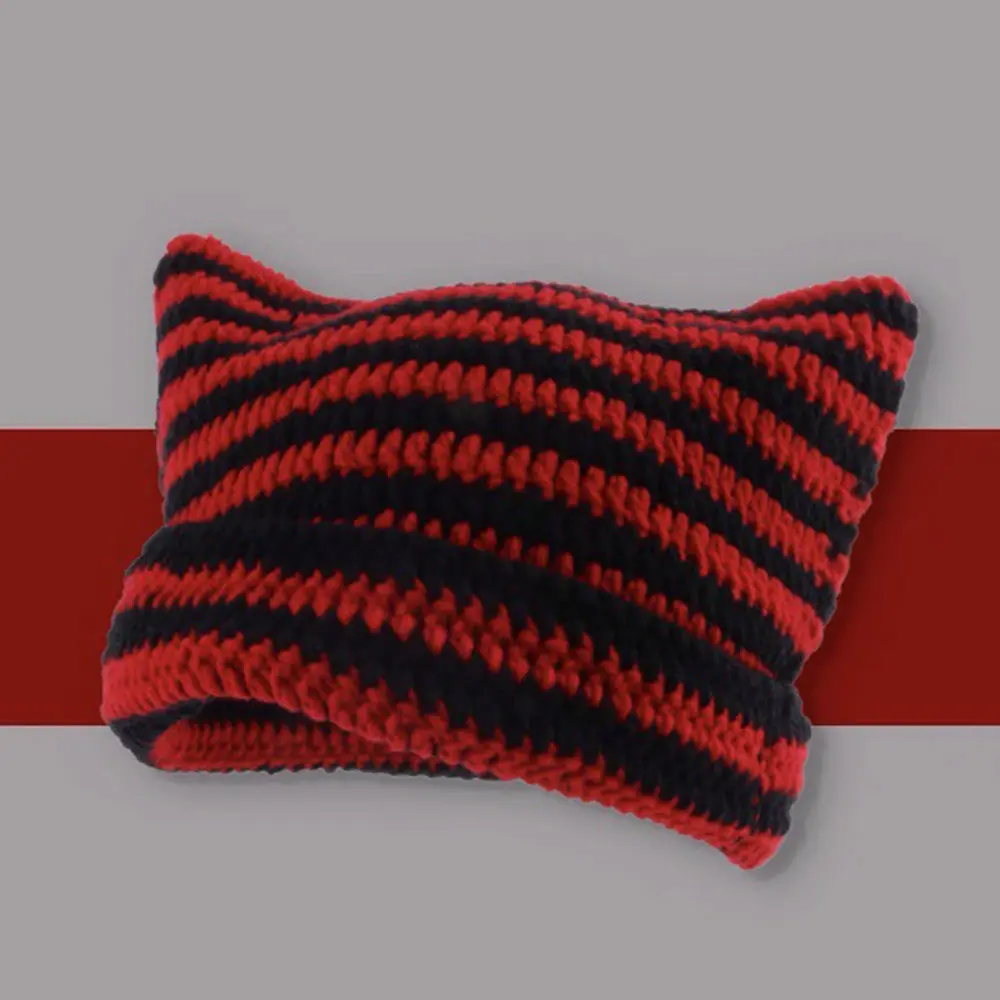 Striped Cat Ear Hat, Warm Beanie Hat for Women & Men, Fall Pullover Hat for Outdoors, Fashion Accessories for Fall & Winter