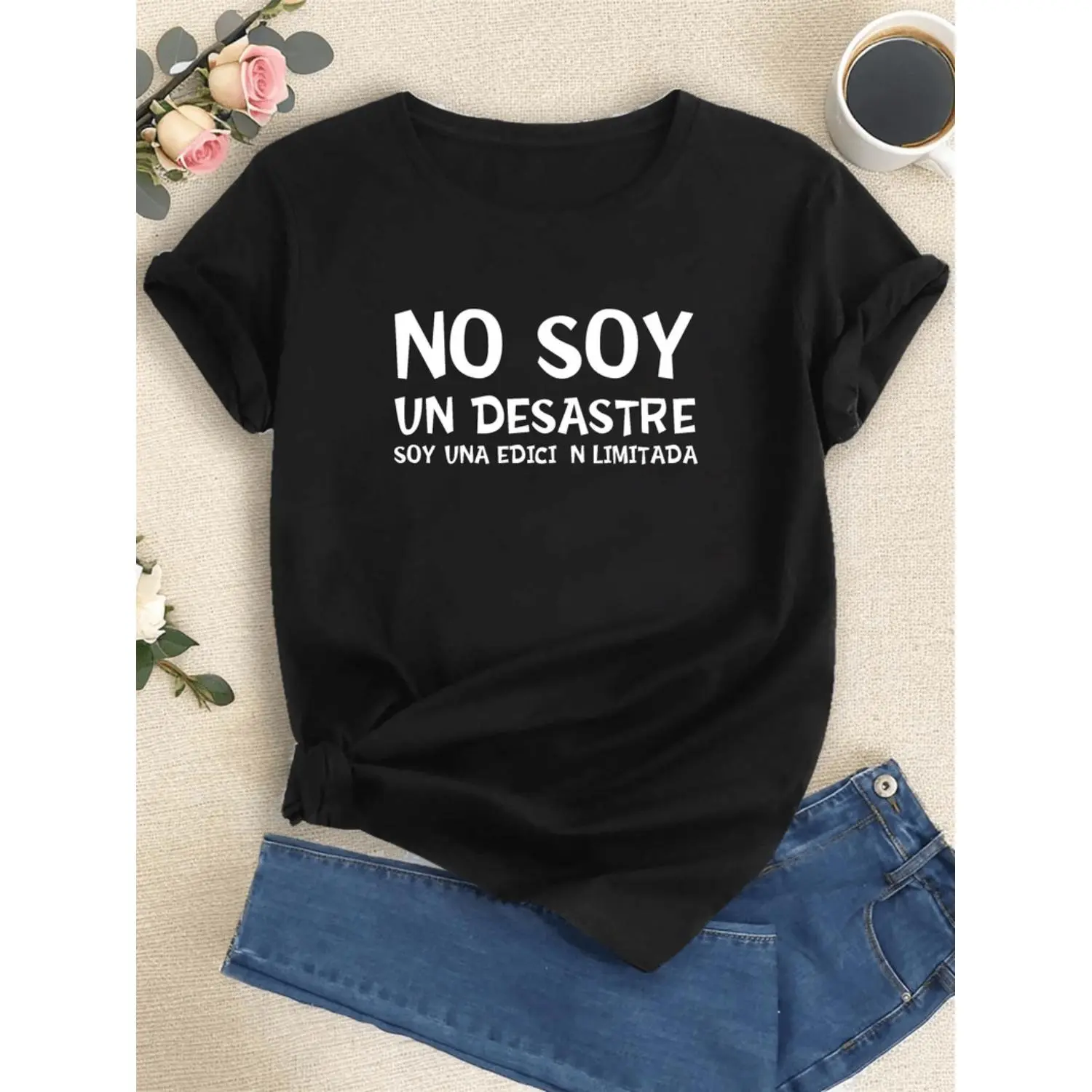 Women's "I Am Not a Disaster" Spanish Quote Print T-Shirt - Black with White Text, Short Sleeve Crew Neck Casual Top, Medium Stretch Machine-Washable All-Season Comfort Tee, Ladies T Shirts, Summer Clothing, Relaxed Fit Shirt, Com