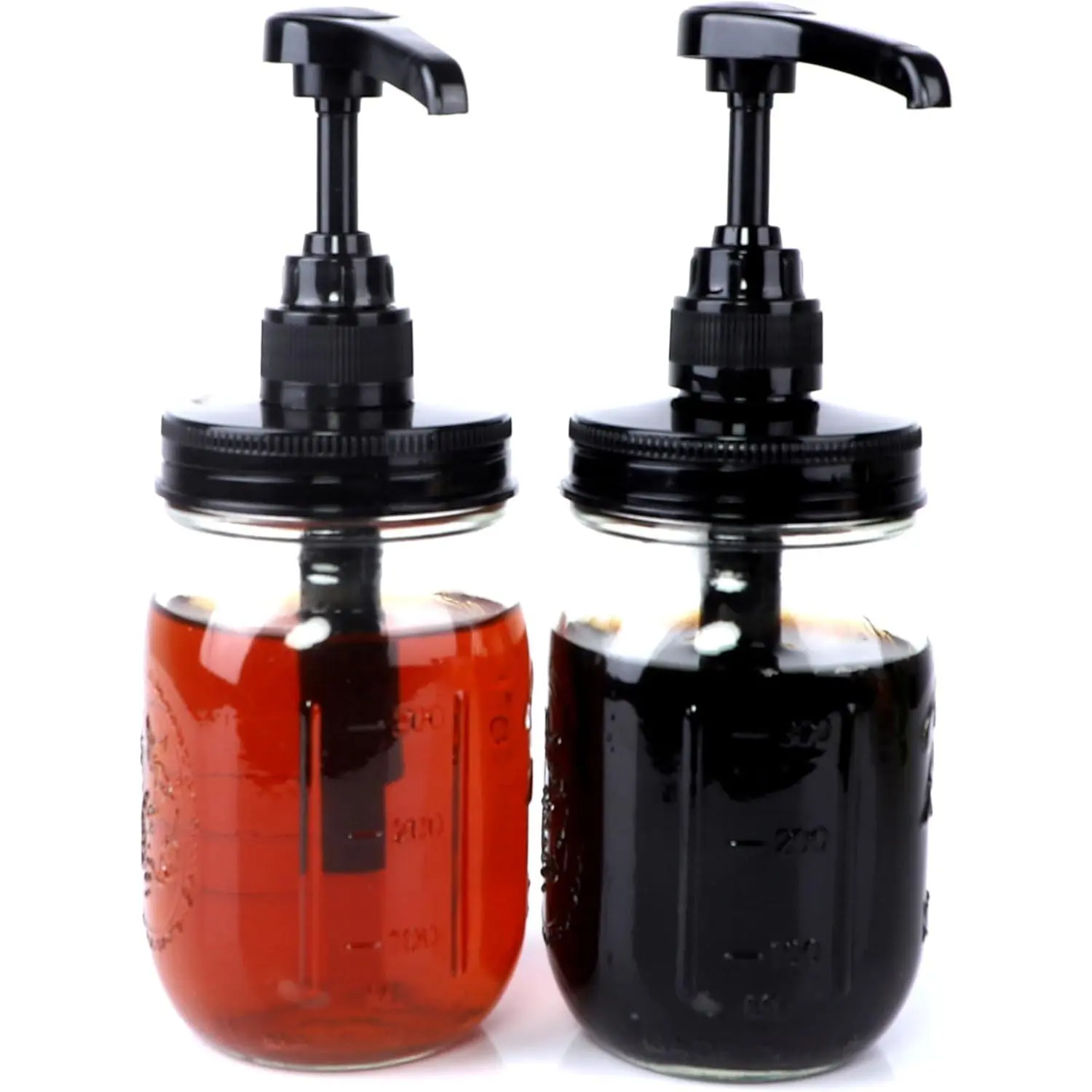 16 Oz Farmhouse Kitchen Glass Mason Canister Set (2 Sets) - Sauce Syrup Bottle with Dispenser Pump, Food Grade Airtight Leak-Proof Container for Honey, Chocolate, Coffee Condiment, Ketchup