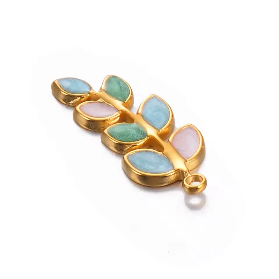 Green, Blue & Pink Tree Leaf Charm Pendants For Jewelry Making - Waterproof Gold - 20mm x 9mm - Sold Individually - A032