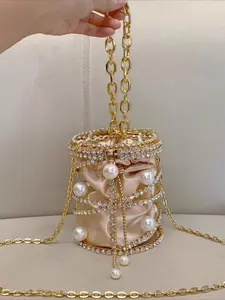 Women's Elegant Rhinestone & Faux Pearl Decorated Evening Bag, Exquisite Trendy Chain Strap Crossbody Bag, Fashionable Bag for Party Decoration, Crossbody Clutch