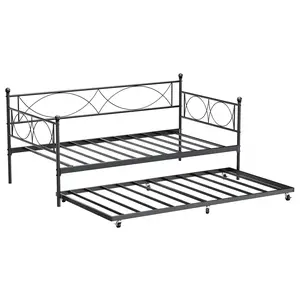 Gaomon Twin Size Iron Frame Daybed - Convertible Sofa Bed with Trundle Slide & Lockable Casters, Heavy Duty Slats, Mattress Foundation Platform for Living Room, Bedroom